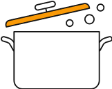An illustration of a pot with a lid, steam rising, and the lid highlighted in orange, symbolizing cooking or food preparation.