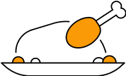 An illustration of a chicken leg on a plate, with the chicken leg highlighted in orange.
