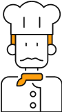 An illustration of a chef wearing a white hat and scarf, with a neutral expression, outlined in black and orange accents.