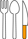 A fork, spoon, and knife are shown, with the knife handle highlighted in orange. The utensils are arranged neatly.