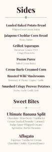 Sides menu featuring baked potato bread, grilled asparagus, wild mushrooms, creamed corn, and desserts like banana split, affogato.