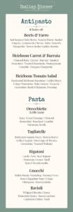 Italian Dinner menu with antipasto choices like beets & burrata and pasta options like orecchiette, tagliatelle, gnocchi, and ravioli.