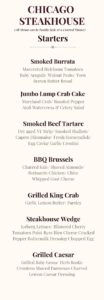 A menu listing starters: Smoked Burrata, Jumbo Lump Crab Cake, Smoked Beef Tartare, BBQ Brussels, Grilled King Crab, Steakhouse Wedge, Grilled Caesar.