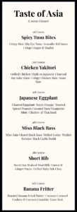 Six-course Asian dinner menu featuring tuna bites, yakitori, Japanese eggplant, miso black bass, soy short rib, and banana fritter.