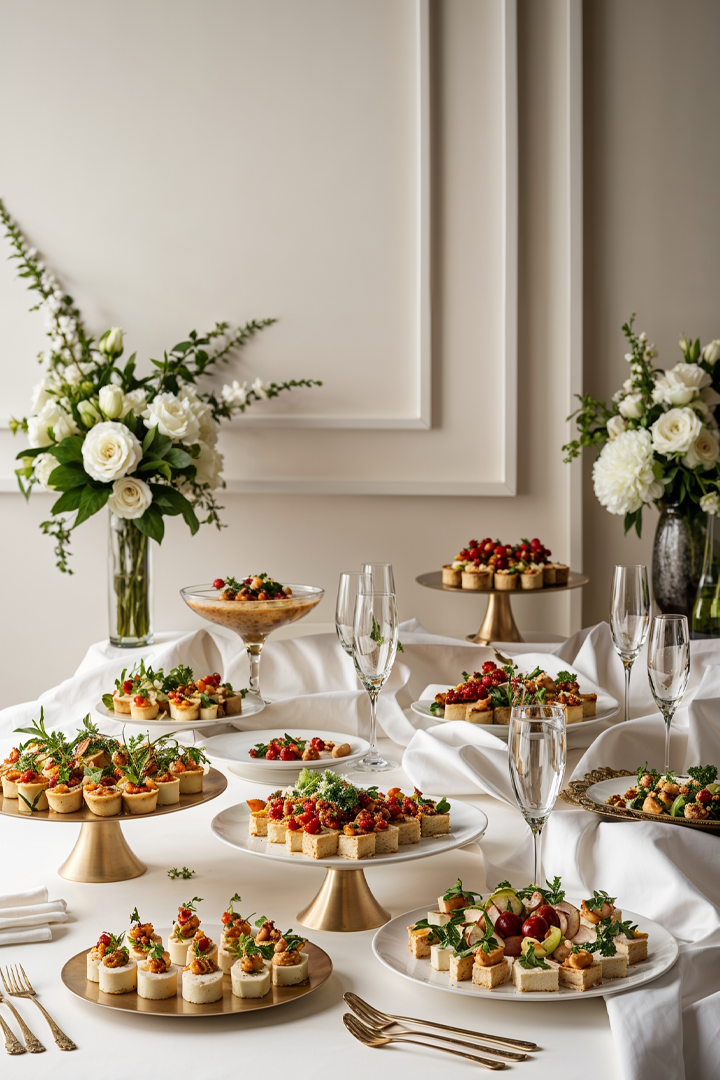 An elegant display of hors d'oeuvres on gold stands, surrounded by white flowers and champagne glasses, set on a draped table.