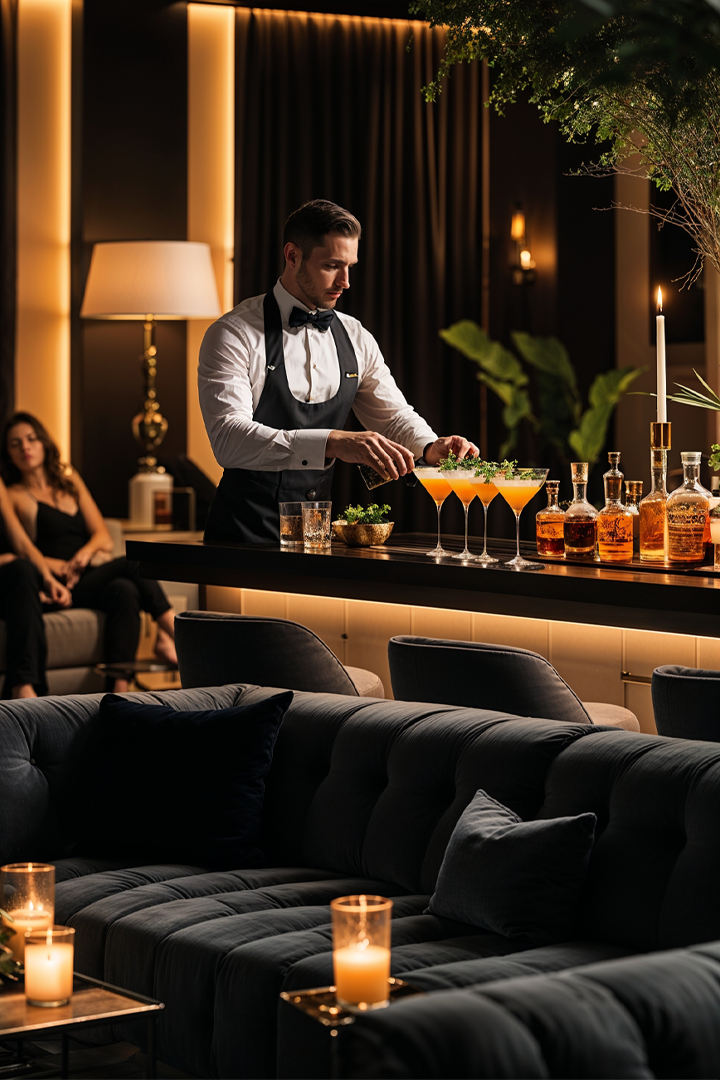 A bartender in a tuxedo is preparing cocktails at a stylish bar with candles and a cozy lounge area in the background.