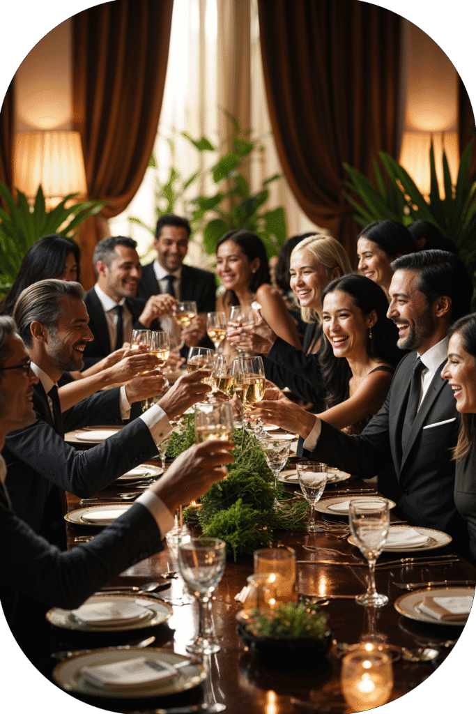 A group of well-dressed people cheerfully toast with glasses of white wine around a festive dining table indoors.