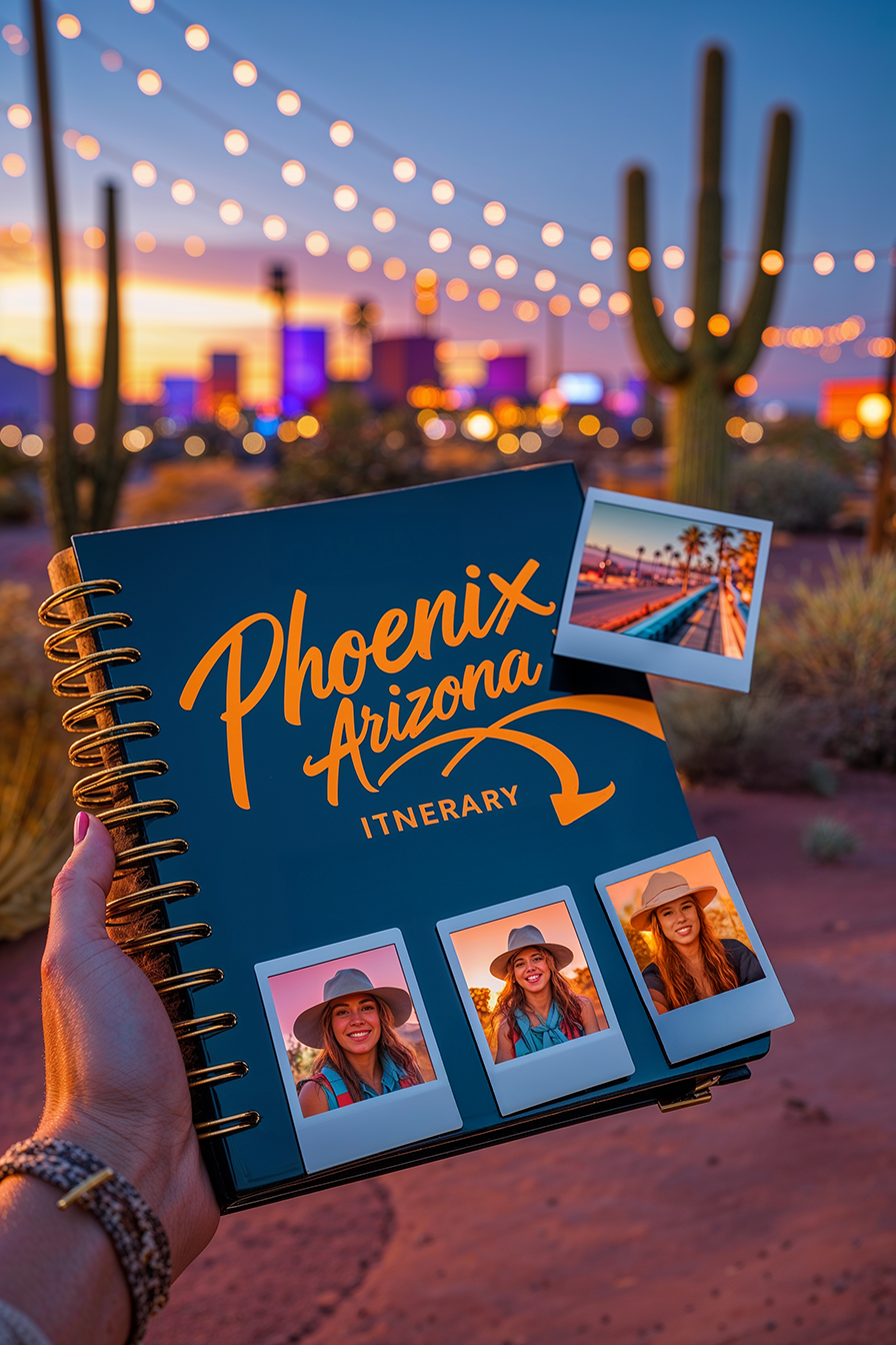 Hand holding a spiral-bound Phoenix, Arizona itinerary book at sunset, decorated with Polaroid photos and desert landscape background.