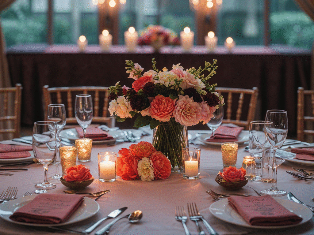 A beautifully set round table with floral centerpiece, lit candles, pink napkins, and elegant glassware for a special event.