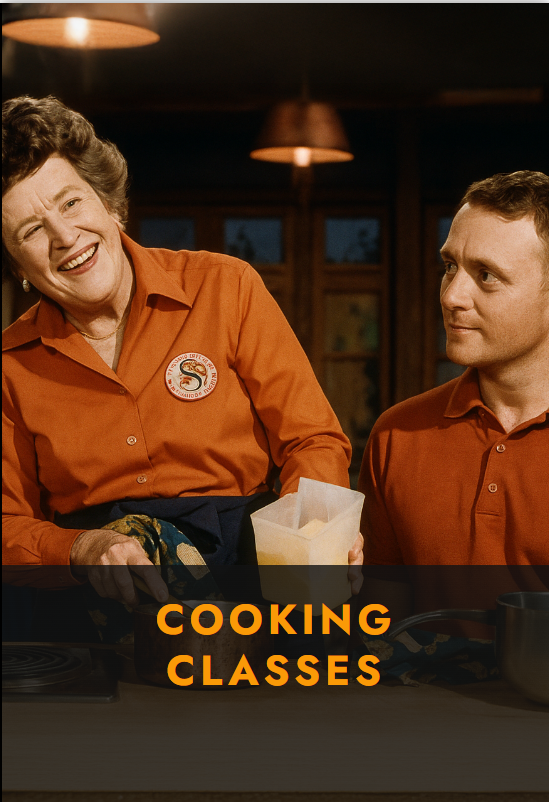 A scene from the movie Julie & Julia, featuring Julia Child and Paul Child smiling, with the text "Cooking Classes" in bold orange letters.