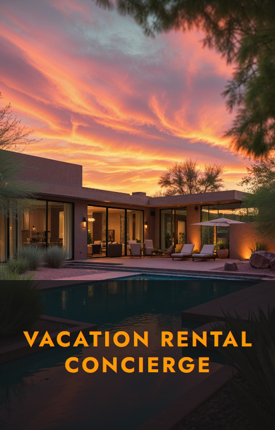 A beautiful sunset over a vacation rental with a pool, featuring the text "Vacation Rental Concierge" in bold orange letters.
