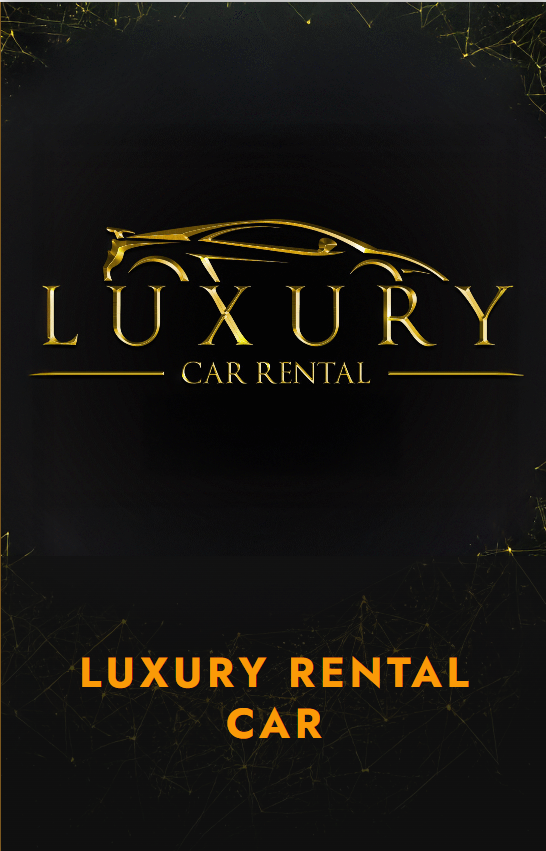 A sleek logo for a luxury car rental service with the words "Luxury Car Rental" and "Luxury Rental Car" displayed prominently.