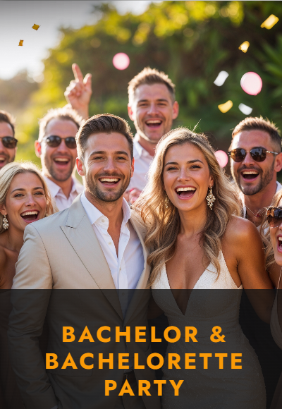 Group of joyful friends celebrating a bachelor and bachelorette party outdoors with confetti and smiles in the sunlight.