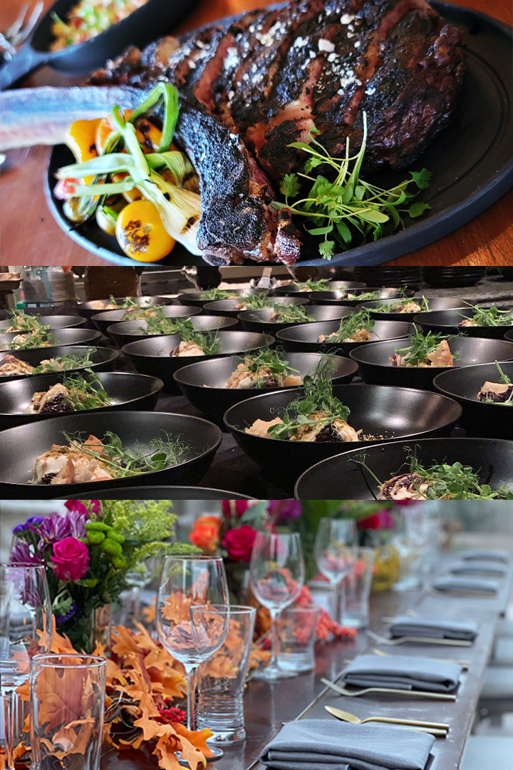 Grilled steak with vegetables, rows of gourmet dishes in black bowls, and elegant table set with fall-themed floral centerpieces.