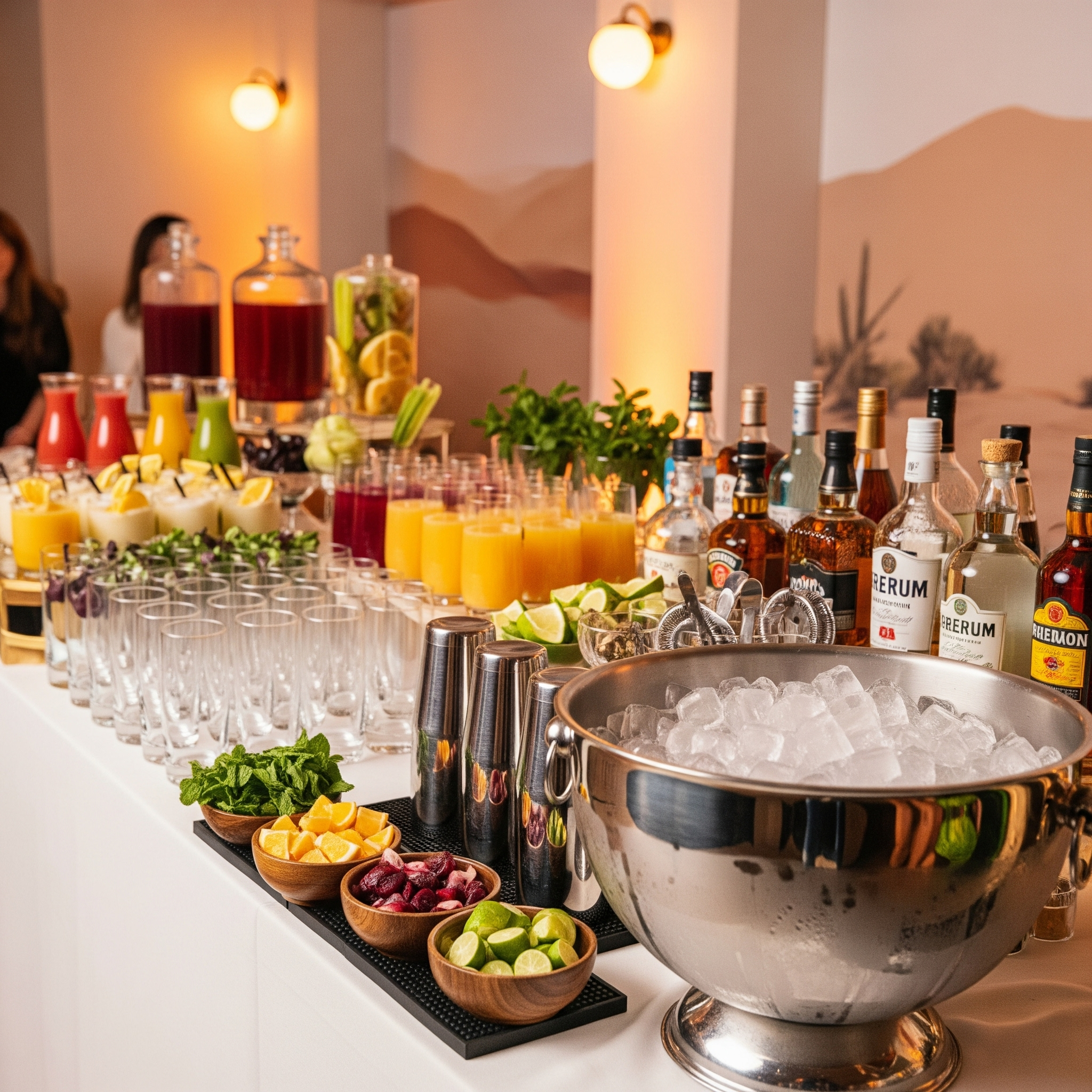 A vibrant cocktail bar setup with colorful drinks, fresh fruit garnishes, ice, and various liquors for a festive celebration.