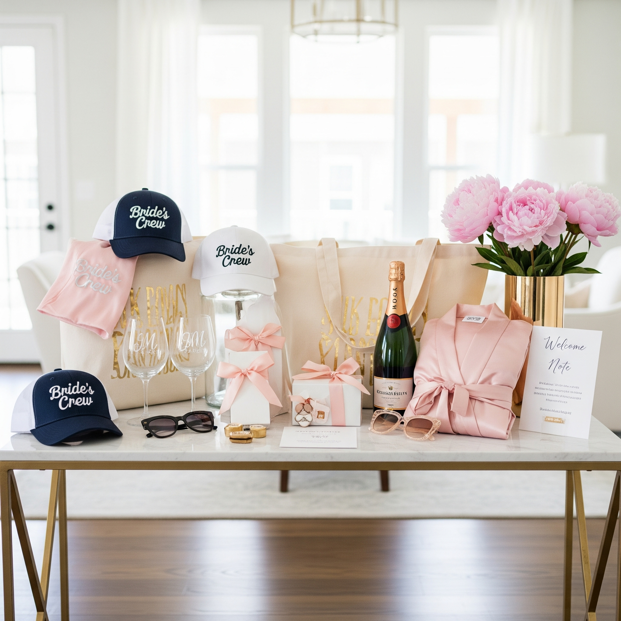 A bridal party setup with "Bride's Crew" hats, champagne, gifts, sunglasses, and a welcome note on a table with pink flowers.