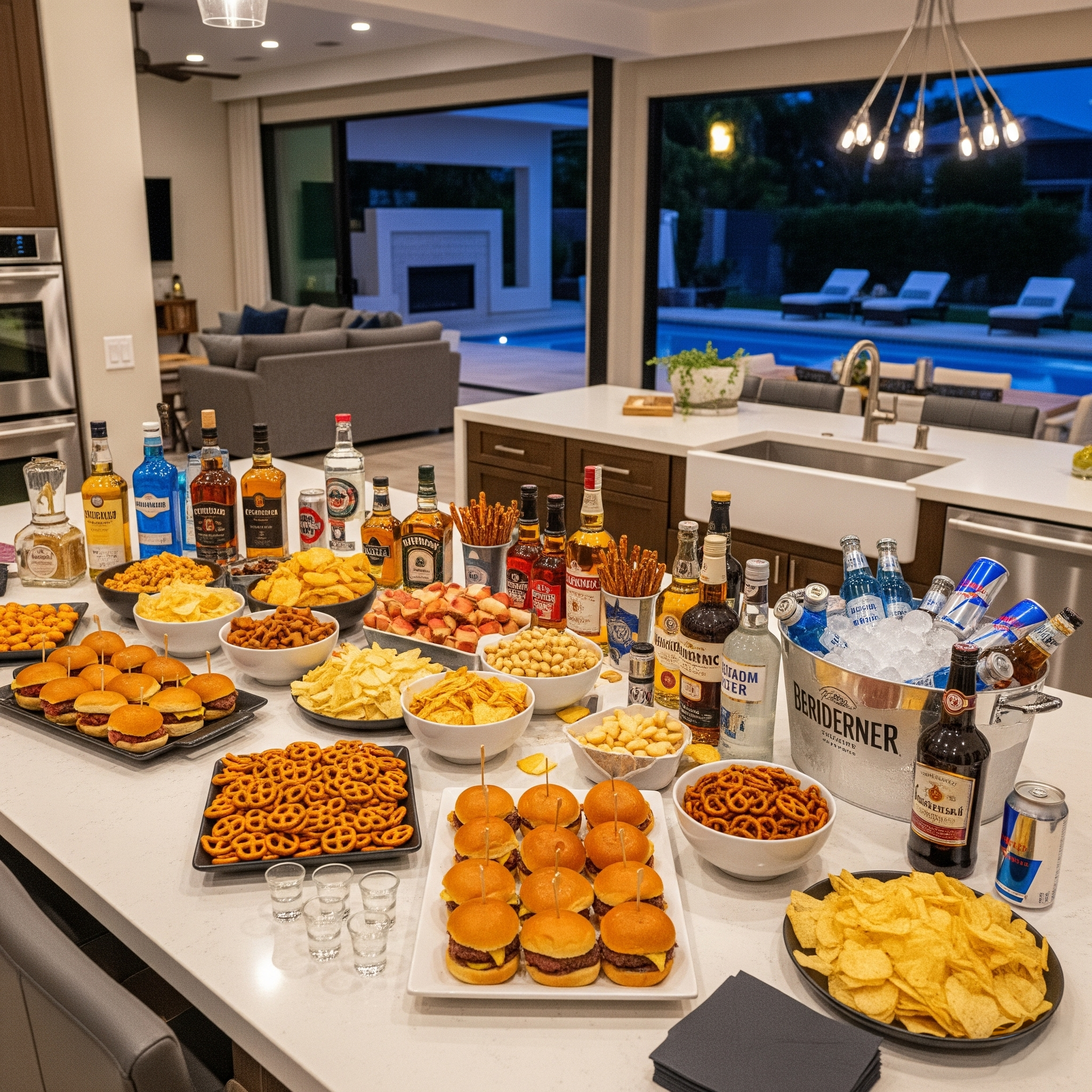 A spread of burgers, chips, pretzels, drinks, and bottles of liquor set up on a kitchen island with a pool view in the background.
