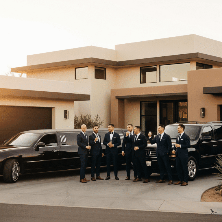 A group of men in tuxedos standing by limousines outside a modern home, celebrating with drinks and enjoying the moment.