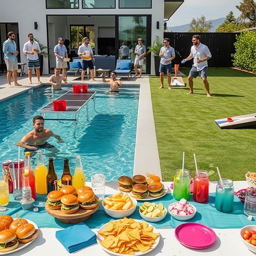 A lively pool party with guests playing games, swimming, and enjoying drinks, burgers, chips, and snacks on a table.