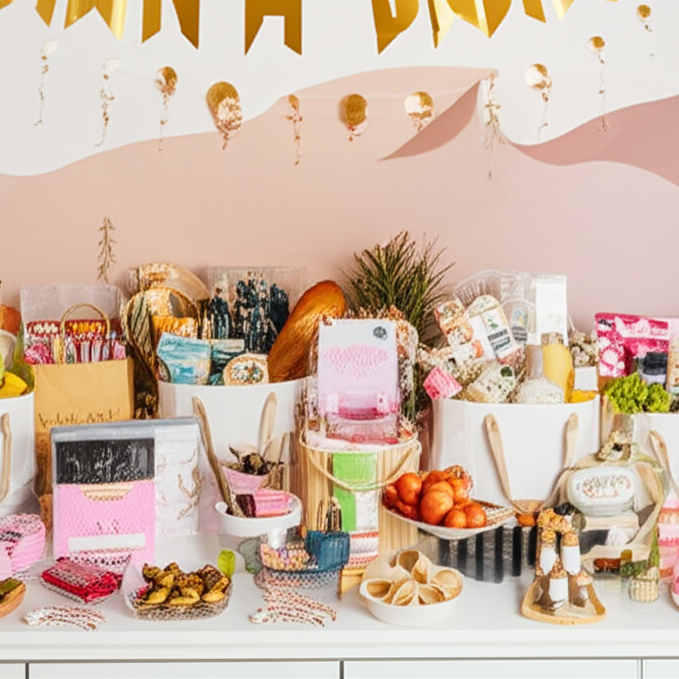 A table is filled with various party gifts, snacks, and colorful baskets, with a "Bachelorette Party" sign in the background.