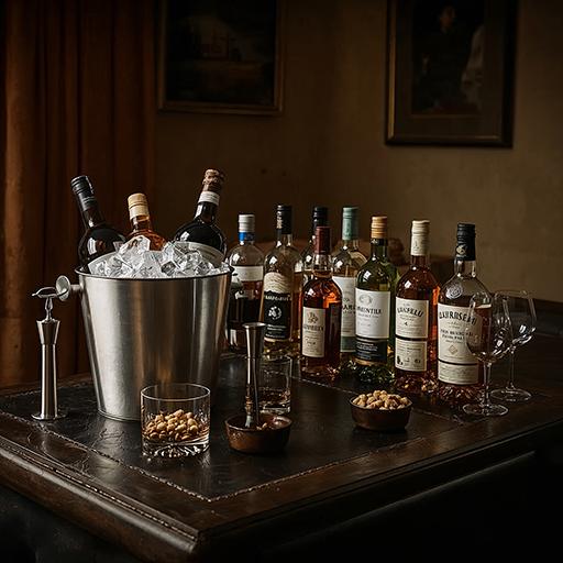A table displays an ice bucket with bottles of wine, whiskey, and two bowls of nuts alongside two glasses and a stirrer.