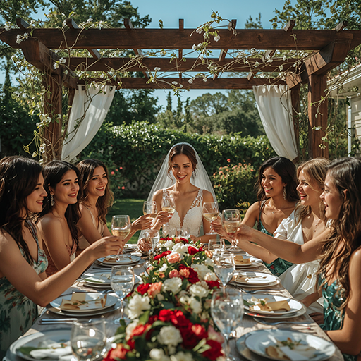 A bride and six women raise glasses in a toast at a garden brunch, surrounded by flowers and a beautifully set table.
