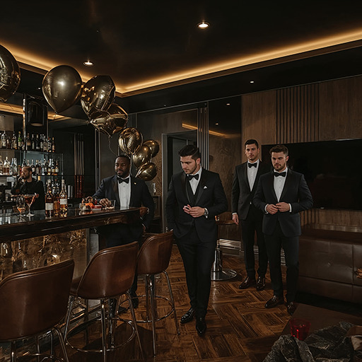 Five men in tuxedos walk past a bar with golden balloons in a dimly lit, elegant space. One man sits at the bar.