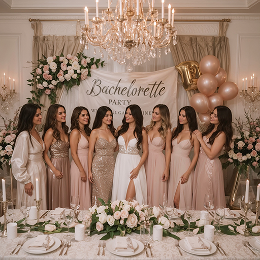 A group of eight women in dresses poses for a photo at a bachelorette party, with flowers, balloons, and a table set for dinner.