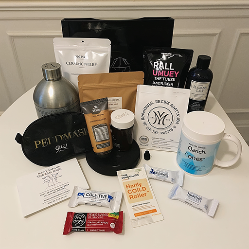 A collection of wellness products including skincare, supplements, a mug, and a roller arranged on a table with packaging visible.