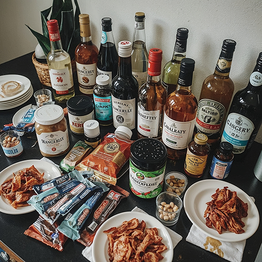 A table with various bottles of alcohol, snacks, chips, protein bars, nuts, and health supplements is spread out on two plates.