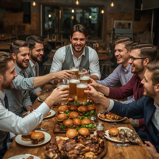 Eight men raise glasses of beer in a toast, surrounded by burgers, ribs, and other food on a wooden table.
