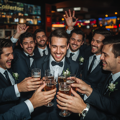 A group of eight men in tuxedos raise glasses in a cheers, smiling and laughing, celebrating together.