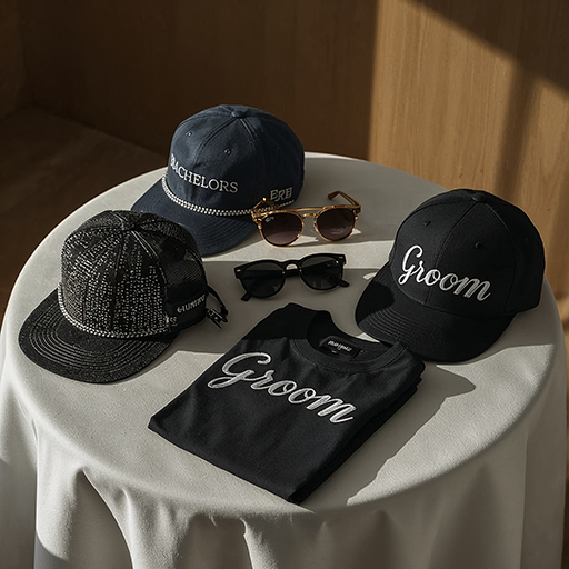 A round table displays two “Groom” hats, a “Bachelors” cap, a black cap, sunglasses, and a folded black “Groom” T-shirt.