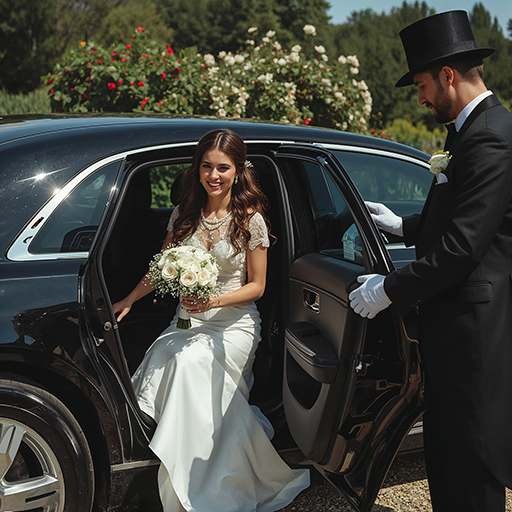 A bride holding a bouquet exits a black car, assisted by a chauffeur in formal attire, with a garden in the background.
