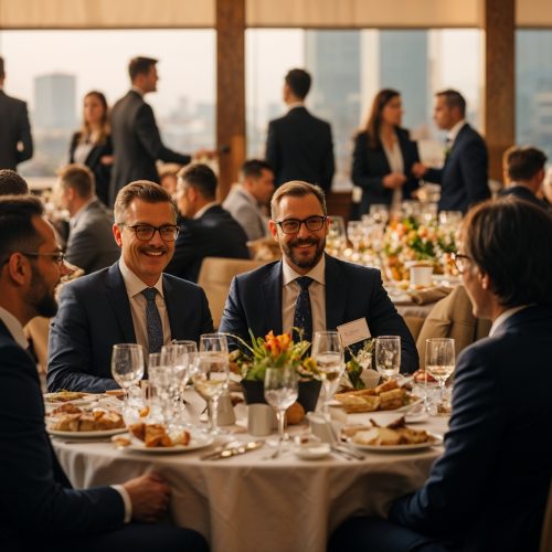 Professionals in business attire enjoy a formal networking luncheon at round tables in a spacious, bright venue with city views.