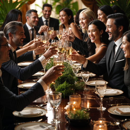 A group of well-dressed friends toast with wine glasses around a festive table adorned with candles and greenery.