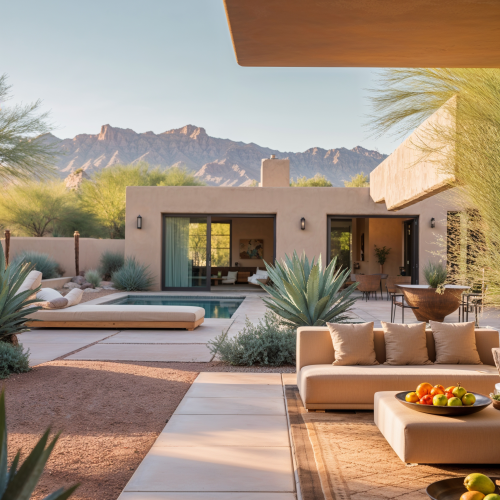 Modern desert home patio with beige sofa, pool, agave plants, fruit bowls, mountain backdrop, and warm natural lighting.