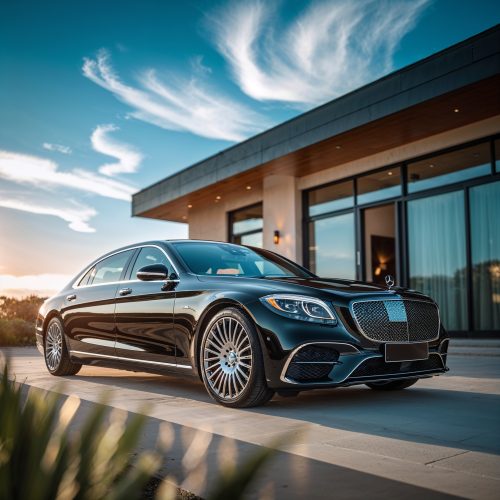 Black luxury Mercedes-Benz sedan parked outside a modern house at sunset under a blue sky with wispy white clouds.