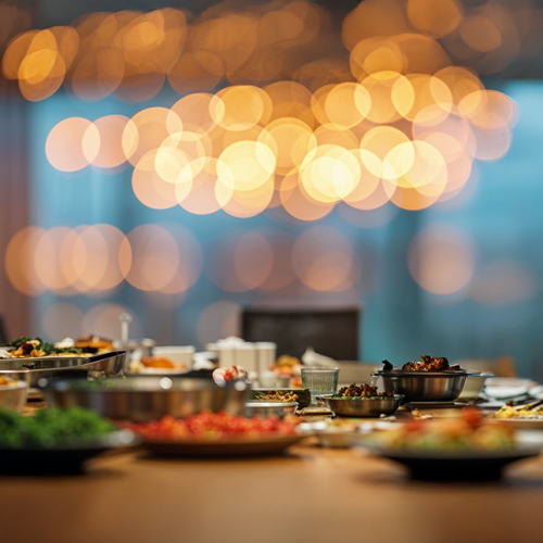 Table set with a variety of delicious dishes and plates in a warmly lit dining room with bokeh lights in the background.
