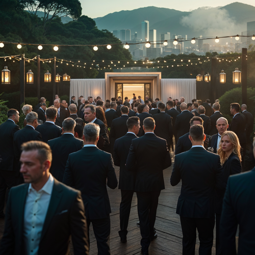 Guests dressed in formal black suits and dresses gather outdoors under string lights, walking toward a large, elegant venue entrance.